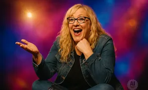 A woman with blonde curly hair and glasses laughs with her mouth open, her hand gesturing.