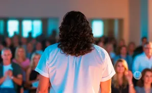 Back of a person with long curly hair speaking to a blurred audience.
