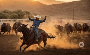 Cowboy on horseback raises arms in victory, kicking up dust in a rodeo at sunset.