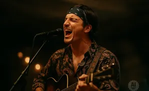 A man with a bandana and a patterned shirt sings into a microphone while playing a guitar.