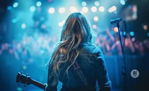 A woman with long blonde hair plays guitar on stage with a crowd in the background under blue lights.