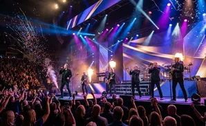 A band performs on stage with a large audience and confetti falling.