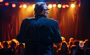 Man in a suit on stage facing an audience, bathed in warm stage lights.