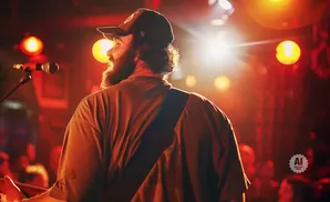 Musician with a beard and cap plays guitar on stage under warm lighting.