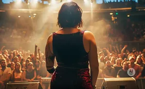 A performer faces away from the camera on a brightly lit stage, looking out at a cheering crowd.