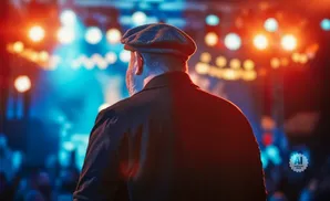 Man in a flat cap facing away from camera, with bright stage lights behind him.