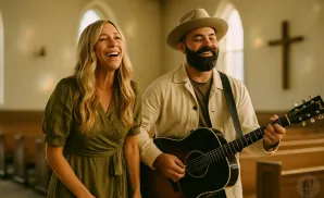 A man with a beard and hat plays an acoustic guitar while a woman laughs beside him in a church.