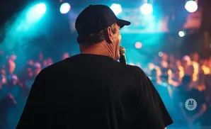 A man in a black t-shirt and cap speaks into a microphone on stage, facing a blurred crowd under blue lights.