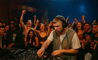 A DJ plays music for a cheering crowd at a concert.