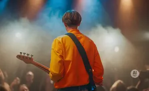 Rear view of a musician in an orange sweatshirt playing guitar on stage with a smoky, lit background.