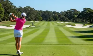 Golfer in pink swings at a sunny golf course with manicured fairways and sand traps.