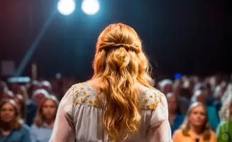 Woman with braided blonde hair and embroidered dress faces a blurred audience under stage lights.