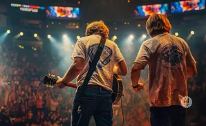 Two musicians perform on stage with a cheering audience in the background.