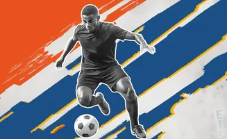A soccer player in black shorts and jersey kicks a ball, with abstract orange and blue strokes in the background.