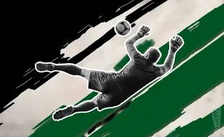 A goalkeeper leaps to catch a soccer ball in mid-air, with abstract green and black brushstrokes in the background.