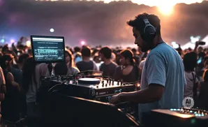 DJ with headphones plays music on equipment to a crowd at an outdoor concert.