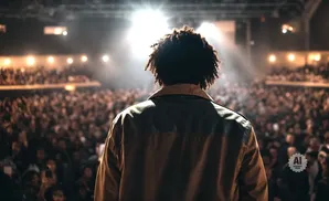 Man with afro stands on stage facing a large, cheering audience under bright spotlights.