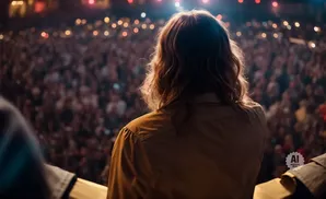 Back of a person with long hair facing a large, blurred crowd with lights in the background.