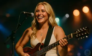 A blonde woman with a white dress plays a guitar and sings into a microphone on stage.