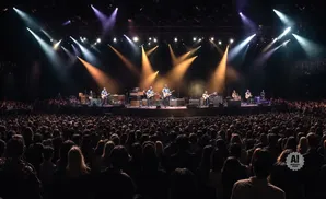 A band performs on a brightly lit stage for a large, dark crowd at a concert.