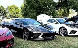 Two Chevrolet Corvettes, a black one in the foreground and a white one behind it with the hood open, parked on grass.