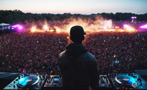 DJ playing music for a large crowd at a concert with stage lights and smoke effects.