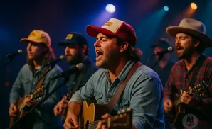 A band of four men perform on stage with guitars and microphones under blue and pink lights.