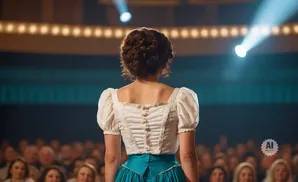 Woman in a white puffy-sleeve top and teal skirt on stage, facing an audience.