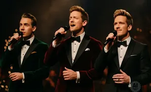 Three men in formal wear sing into microphones on a stage with festive lights.