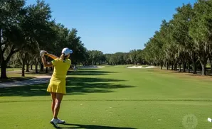 Woman in yellow skirt and shirt swings golf club on a sunny day at a golf course.
