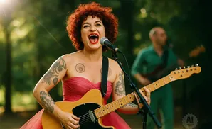 Woman with curly red hair sings and plays a tan electric guitar outdoors with another musician in the background.