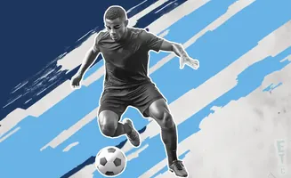 Soccer player dribbling a ball with a blue and white abstract background.