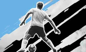 A soccer player in a white jersey and black shorts kicks a soccer ball, with a blue and black graphic background.