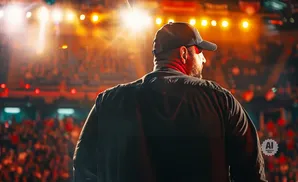 A man in a baseball cap and jacket faces a blurred crowd with bright stage lights behind him.