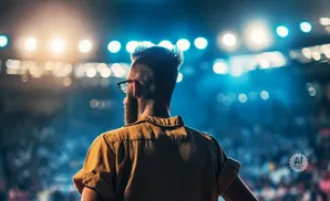 Man with beard and glasses facing away from camera at a concert, with stage lights and crowd in the background.