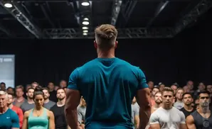 A muscular man in a blue shirt addresses a crowd from behind, with a screen behind him.