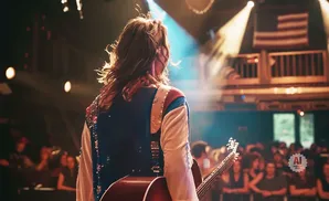 A performer with a guitar on stage, facing away from the camera, with an American flag in the background.