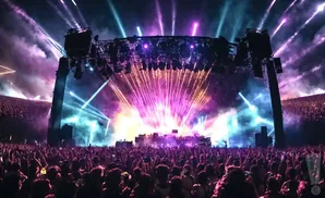 Crowd at a vibrant outdoor concert with stage lights and fireworks.