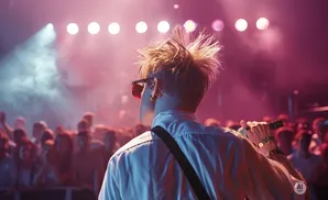 A musician with spiky blond hair and sunglasses on stage, performing for a crowd under pink stage lights.