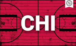 A basketball court on a distressed red wooden floor, with a basketball icon in a white banner.