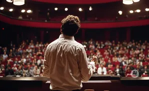 A person in a white shirt speaks to an audience from a stage.
