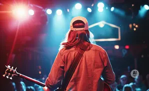 A person with long hair and a baseball cap plays guitar on stage, lit by red and blue lights.