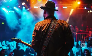 A musician wearing a hat and brown jacket plays guitar on a smoky stage with colorful lights.