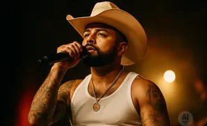 Man in a cowboy hat and white tank top sings into a microphone, with tattoos on his arms and a gold chain.