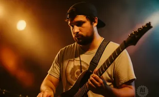 A guitarist in a black baseball cap plays an electric guitar on stage with warm lighting.