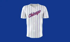 A white pinstripe baseball jersey with 