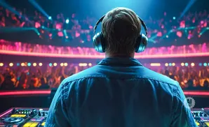 DJ in headphones plays music to a cheering crowd in a vibrant nightclub with colorful lights.