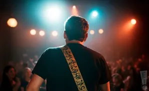 A person with their back to the camera wears a black shirt and a guitar strap while standing on a dimly lit stage before a crowd.