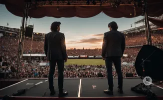 Two men in suits stand on a stage facing a large, cheering crowd in a stadium at sunset.