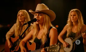 Three women playing guitars and banjo, one in a cowboy hat sings into a microphone.